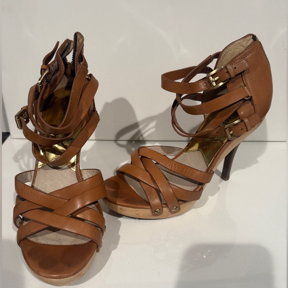Michael Kore Leonia Tan Leather Platform Strappy Heels Size 9